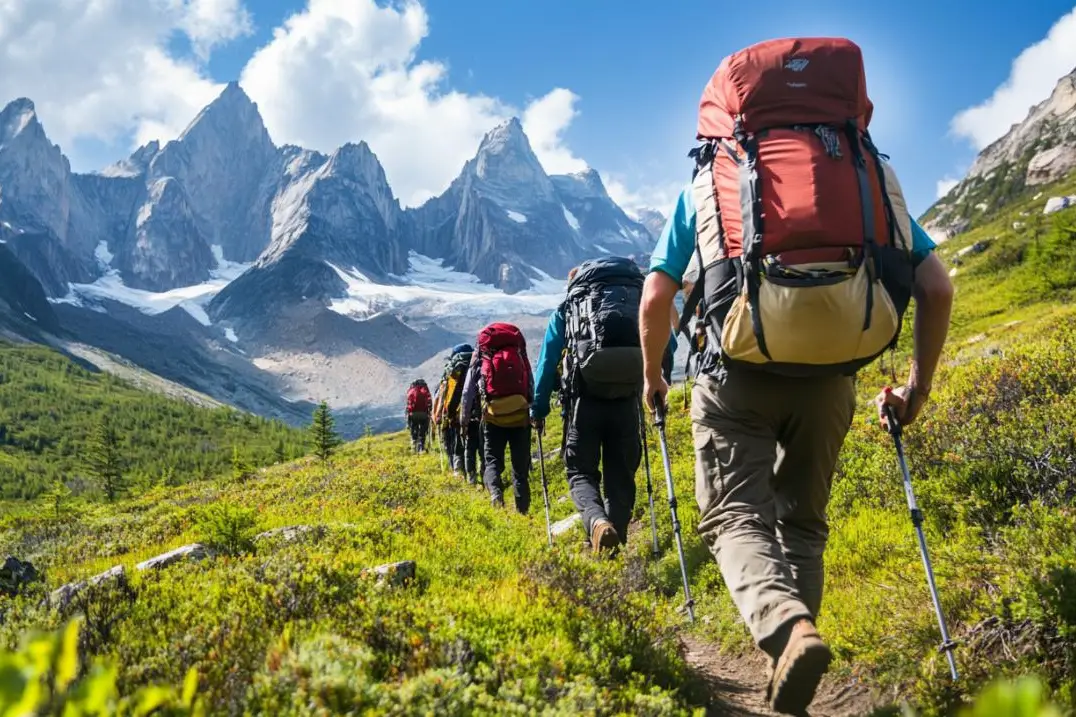 Randonneurs avec sacs à dos chargés en montagne