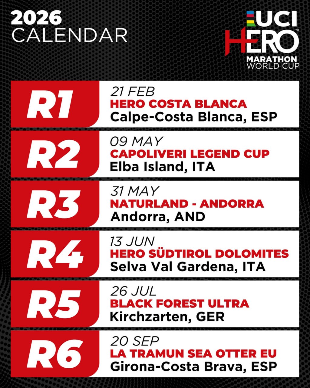 Calendrier UCI Hero Marathon World Cup 2026 - toutes les manches XCM