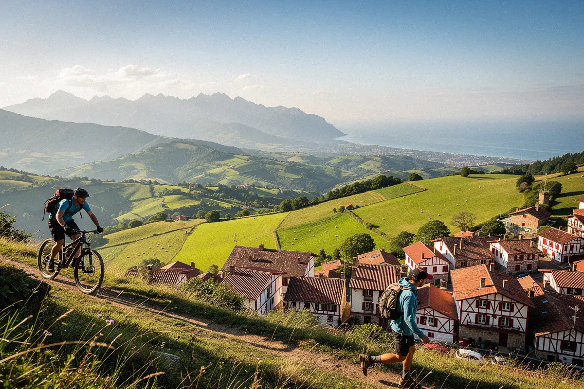 Vététiste et randonneur sur un chemin au-dessus d’un village basque, avec les collines et l’océan en arrière-plan