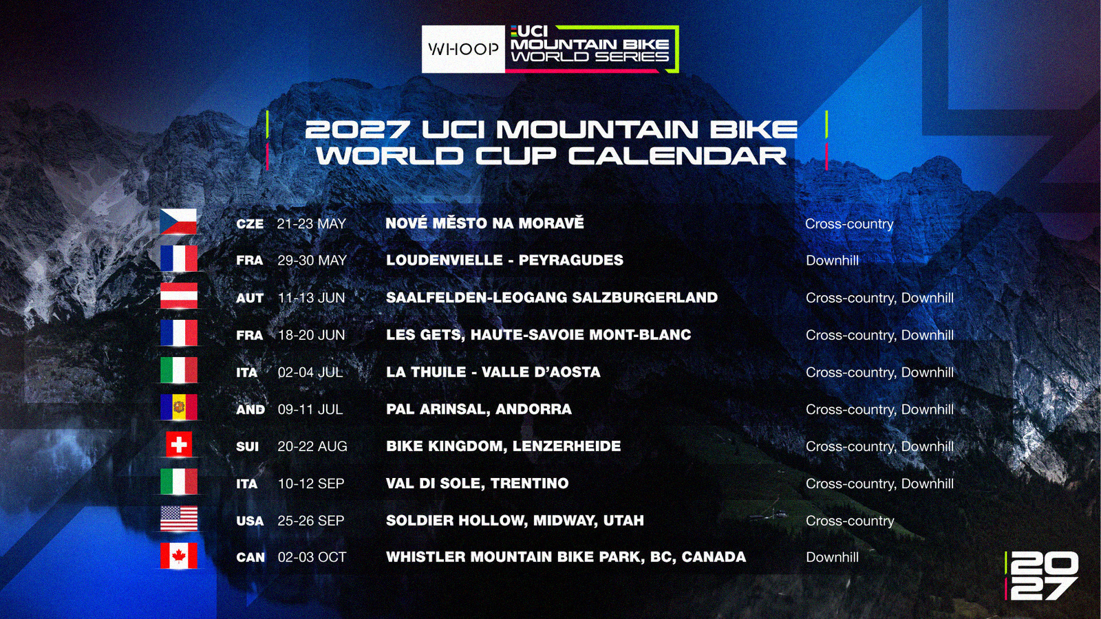 Calendrier officiel 2027 de la Coupe du Monde VTT WHOOP UCI Mountain Bike World Series