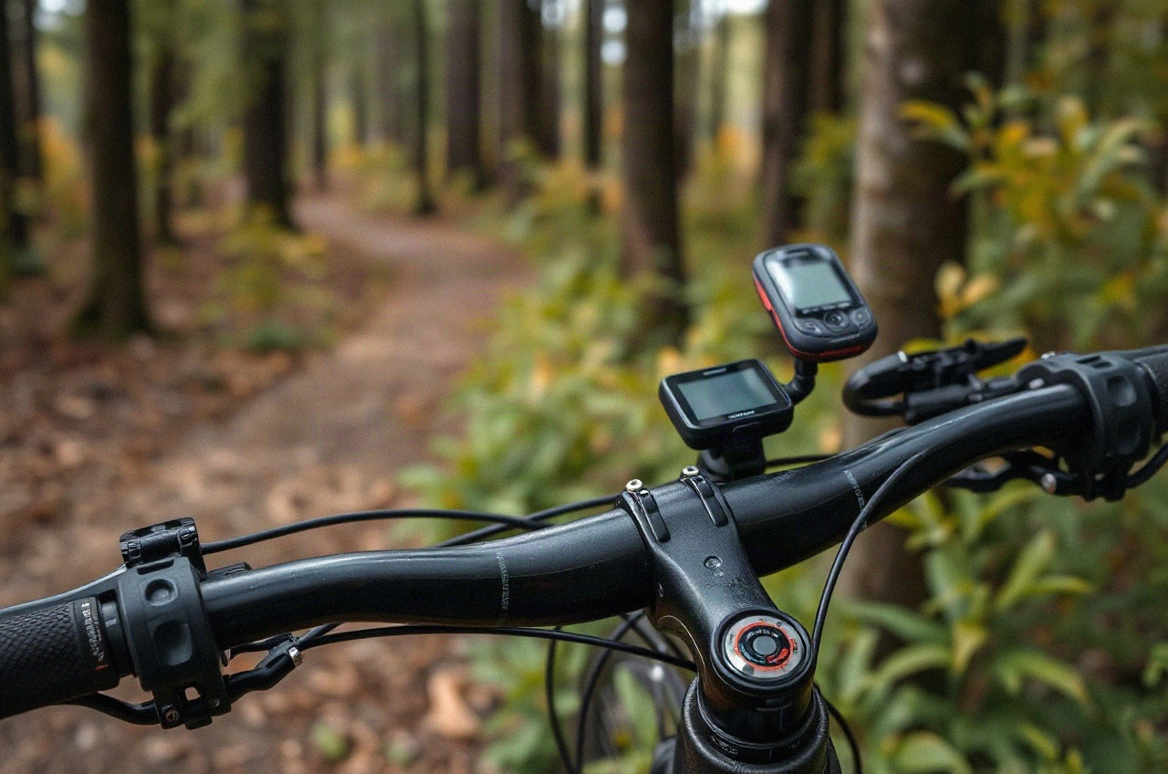 Poste de pilotage d'un vélo tout-terrain avec compteur GPS sur le guidon