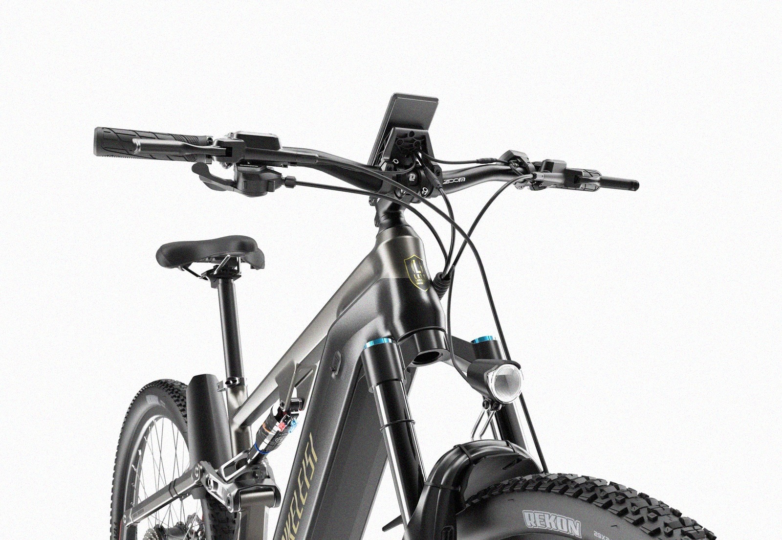 Poste de pilotage, fourche pneumatique de 150 mm et amortisseur arrière DNM du VTT électrique Lankeleisi MG600 Pro